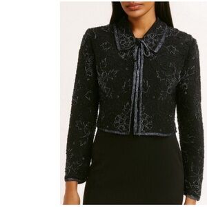 Papell Boutique Evening Silk Sequin Beaded Bolero Vintage Blazer Black S Party